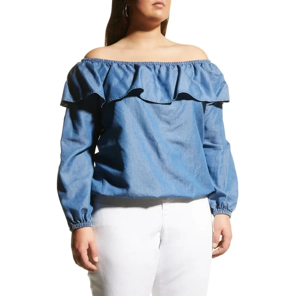 MICHAEL Michael Kors Off The Shoulder Denim Chambray Ruffle Top Plus Size 2X - Picture 1 of 11